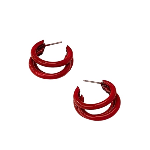 Geometric C Shaped Red Hoop Earrings - Picture 2 of 4